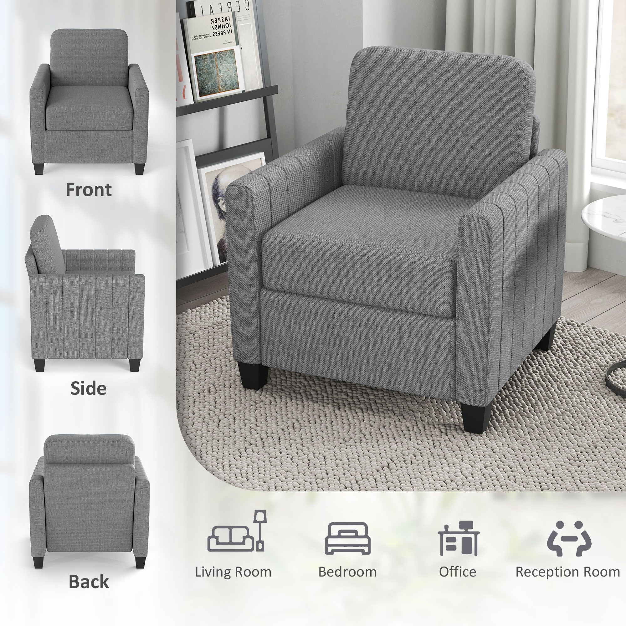 HOMCOM Modern Boxy Linen-Look Armchair - Light Grey